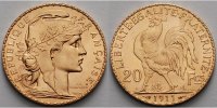 Frankreich 20 Francs<br>5,80g<br>fein<br>21 mm Ø Kopf der Marianne nach rechts, Rs. Gallischer Hahn, Gold,(amtl.Neupr) Archivbild