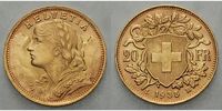 Schweiz 20 Franken<br>5,81g<br>fein<br>21 mm Ø Vreneli, Gold, Archivbild