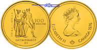 Kanada 100 Dollar,<br> 7,78g fein,<br> 27mm Ø XXI.Oly. Sommerspiele 1976 Montreal, 13,3375 g.roh, <b>mit Perlkreis </b>