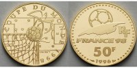 Frankreich 50 Francs<br>7,77g<br>fein<br>22 mm Ø Fußball- Weltmeisterschaft 1998 in Frankreich,incl. Kapsel &Zertifikat &org.Etui