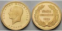 Türkei 100 Piaster, 1 Lira, 6,62 g.<br>fein, 22,00mm Ø Präsident Kemal Atatürk / 35. Jahr der Republik - 916,2/3er Gold - 6,62 g f.