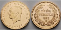Türkei 250 Piaster, 2,5 Lira, 16,58 g.<br>fein 27,00mm Ø Präsident Kemal Atatürk / 40. Jahr der Republik - 916,2/3er Gold - 16,58 g f.