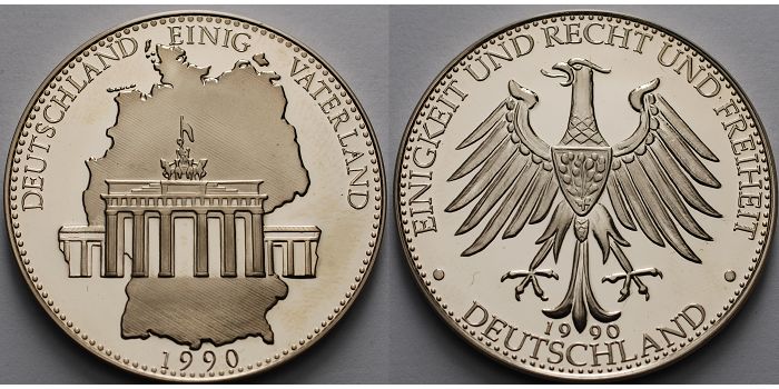 Deutschland 21,34g roh<br>40mm Ø 1990 <b>PP</b><br>berieben Medaille, Deutschland einig Vaterland, 1990 inkl. Kapsel & Etui