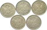 Deutschland 1903, 11, 12, 14, 15 Lot von 5 X 10 Pfennig grosser Adler VF / AU