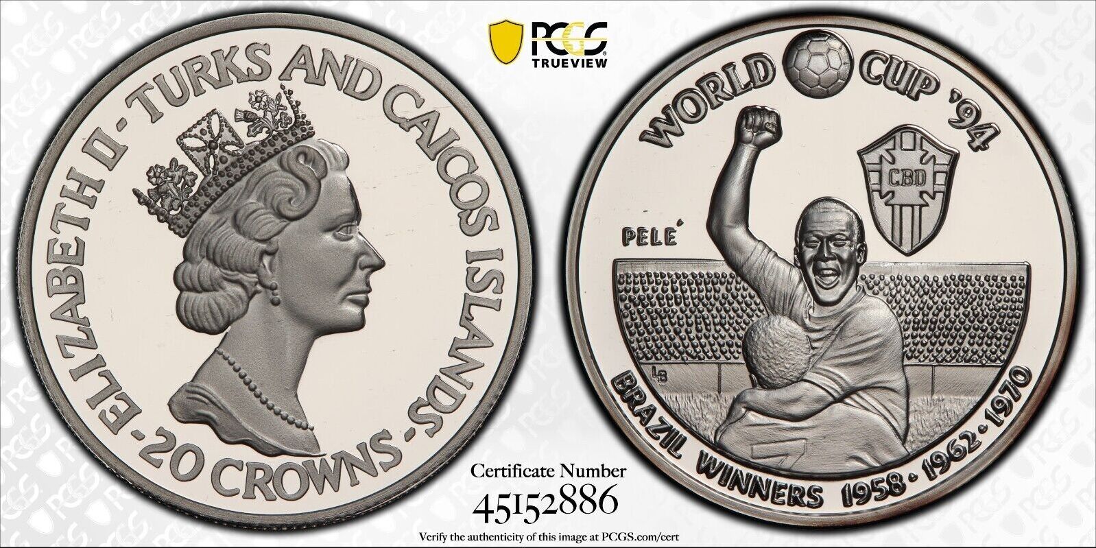 20 CROWN 1993 TURKS & CAICOS ISLANDS SILVER COIN KM#99 BRAZIL PELE