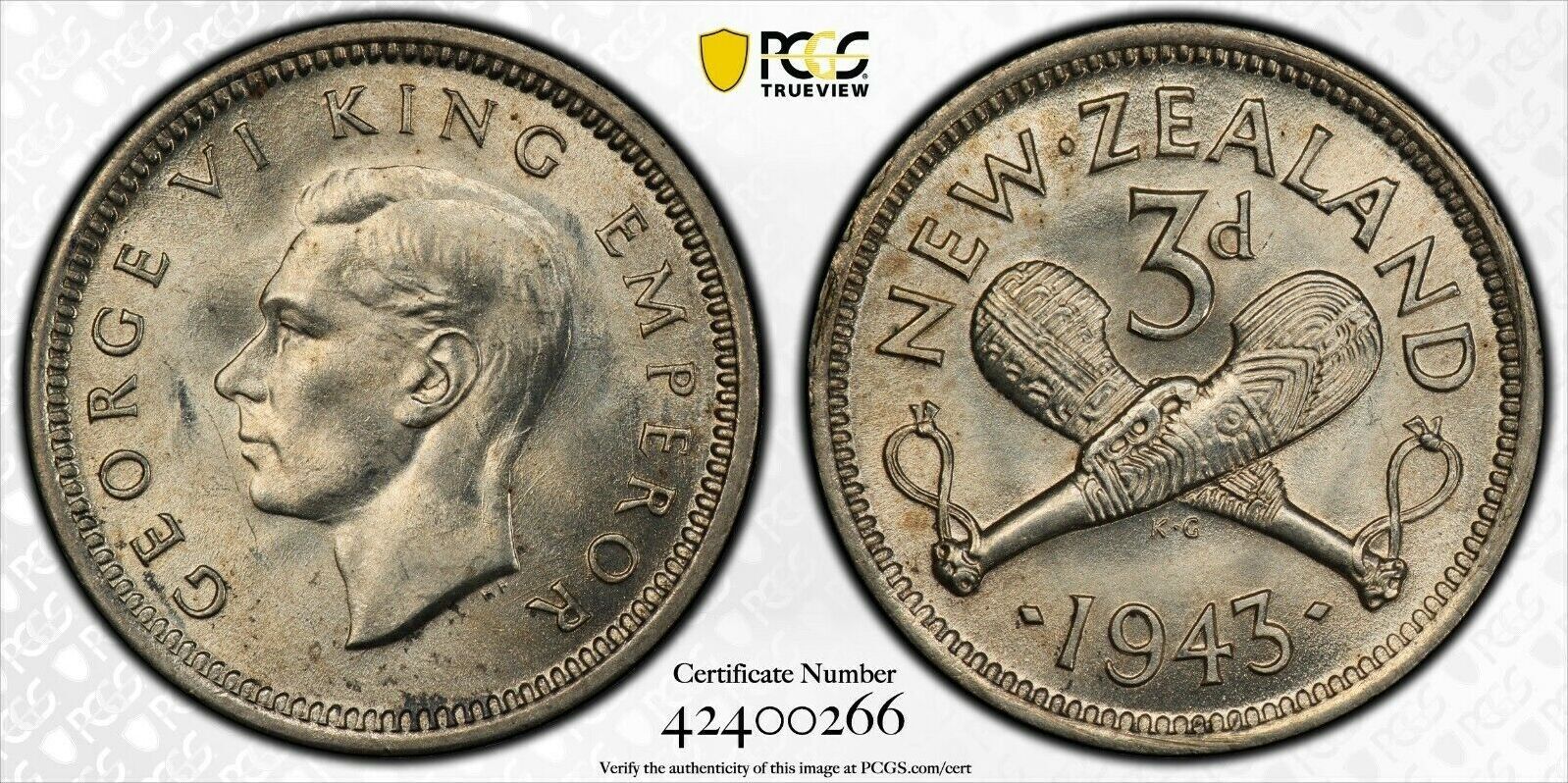 3 PENCE 1943 NEW ZEALAND SILVER UNC COIN YEAR KM#7 GEORGE VI PCGS