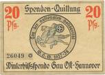 20 Pf. 1937-38 Winterhilfsspende , 20 Pfennig Schein L-gbr. Gau Ost-Hannover , Niedersachsen light circulated , 2 to 2-