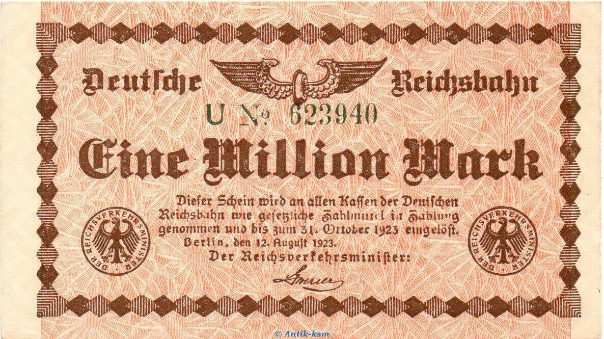 Reichsbahn De. 1 Mio. Mk. Banknote Reichsbahn, 1 Millionen Mark Schein in  kfr. RVM-1.a, S.1011, 1923 1 to 1- | MA-Shops