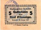 Kleingeld 1914-1922 DE 5 Pf. Eichstätt , Notgeld 5 Pfennig Schein in kfr. Tieste 1605.05.01 Bayern 1917 -