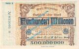Inflation DE 500 Mio. Mk. Ahrweiler , Notgeld 500 Millionen Mark Schein in kfr. Keller 28.a Rheinland 1923 -