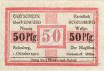 Kleingeld 1914-1922 50 Pf. Rosenberg , Notgeld 50 Pfennig Schein unc-kfr. Ti.6185.05.16 Westpreussen 1920 V -