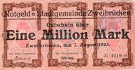 Inflation 1923 DE 1 Mio. Mk. Zweibrücken , Banknote 1 Million Mark Schein gbr. Geiger 582.W.5 , Pfalz 1923 -