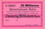 Inflation 1923 DE 20 Mio. Mk. Ruhla , Banknote 20 Millionen Mark -Blanko- unc-kfr. Keller 4671... Thüringen -