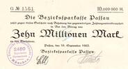Inflation 1923 DE 10 Mio. Mk. Passau , Banknote 10 Millionen Mark Schein unc-kfr.E Keller 4249.G , Bayern 1923 -