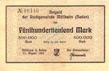 Inflation 1923 DE 500.000 Mk. Mühlheim , Banknote 500.000 Mark Schein gbr. Keller 3642.a , Baden 1923 Inflatio -