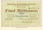 Inflation 1923 DE 5 Mio. Mk. Köln-Deutz , Banknote 5 Millionen Mark Schein F-kfr. Keller 2719.c , RHL 1923 -
