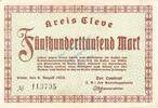 Inflation 1923 DE 500.000 Mk. Cleve , Banknote 500.000 Mark Schein L-gbr. Keller 861.b , Rheinland 1923 Inflat -
