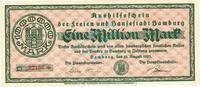 Inflation 1923 DE 1 Mio. Mk. Hamburg , Banknote 1 Million Mark Schein unc-kfr. Keller 2109.c , Hamburg 1923 -