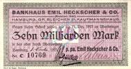 Inflation 1923 DE 10 Mia. Mk. Hamburg , Banknote 10 Milliarden Mark Scheck gbr. Keller 2126.b , Hamburg 1923 -