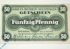 Notgeld Notgeld Büren , 50 Pfennig Musterschein ohne Kennummer , Tieste 1010.05.05.M , von 1917 , Westfalen Verkehrsausgabe -