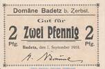 DE 2 Pf. Notgeld Badetz bei Zerbst , 2 Pfennig Schein in kfr. Tieste 0295.05.02 von 1918 -