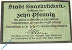 Notgeld Notgeld Saarbrücken , 10 Pfennig Schein , Ohne Wz , Tieste 6335.10.20 , von 1919 , Rheinland Verkehrsausgabe -