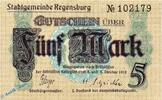 Großnotgeld 1918 5 Mk. Notgeld Regensburg , 5 Mark Schein in kfr.E , Geiger 440.01.a , 08.10.1918 , Ba -