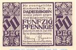 Serienscheine DE 50 Pf. Notgeld Paderborn , Kirchenkasse , 50 Pfennig Schein in kfr. M/G 1042.1 -