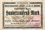 Großnotgeld Inflation 100.000 Mark Banknote Remscheid , K. G. Einigkeit 100.000 Mark Schein in gbr. Keller 4528.d -
