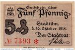 DE 5 Pf. Notgeld der Stadt Stadtilm , 5 Pfennig Schein in kfr. Tieste 7050.05.01 , 1918 -