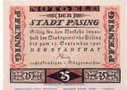 Notgeld DE 25 Pf. Notgeld der Stadt Pasing 1050.3.a , 25 Pfennig Schein in kfr. weiß und rauh -