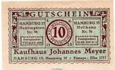 Kleingeld 1914-1922 DE 10 Pf. Notgeld Kaufhaus Meyer Hamburg 2765.295.01 , 10 Pfennig Schein in kfr. 1920 -