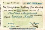 Inflation 1923 DE 100 Mio. Mk. Banknote Stadtgirokasse Radeburg , 100 Millionen Mark Schein in gbr. Keller 4413 -