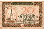 Großnotgeld Inflation 20 Millionen Mark Banknote der Stadt Kiel , 20 Millionen Mark Schein in kfr. Keller 2614.i 1923 -