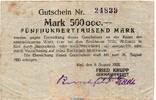 Großnotgeld Inflation 500.000 Mark Schein Banknote Krupp Germaniawerft Kiel , 500.000 Mark Schein in gbr. Keller 2627.b -