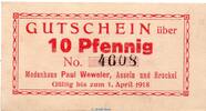 Notgeld 10 Pf. Asseln , Notgeld 10 Pfennig Schein in kfr. Tieste 0235.05.02 , Westfalen o.D. -