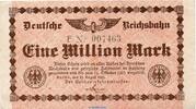 deutsche Reichsbahn 1 Million Mark Banknote Reichsbahn , 1 Millionen Mark Schein in gbr. RVM-1.a , S.1011 , 1923 -