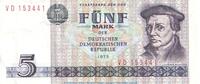 Staatsbank der DDR Banknote , 5 Mark Schein in gbr. DDR-23.a,c Ros.361, P.27 von 1975 , DDR 5 Mk. 1975 zirkuliert