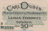Kleingeld 1914-1922 DE 50 Pf. Notgeld Carl Duden in Lassan , 50 Pfennig Schein in kfr. von 1919 , Pommern -