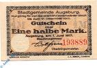 Notgeld DE 1/2 Mk. Notgeld Augsburg , 1/2 Mark Schein , Tieste 0260.130.35 , von 1917 , Bayern Verkehrsausgabe -