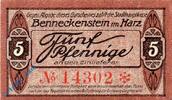 Notgeld Deutschland 5 Pfennig Schein Notgeld Benneckenstein , 5 Pfennig Schein , Tieste 0405.05.01 , von 1919 , Sachsen Verkehrsausgabe -