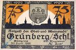 Serienscheine DE 75 Pf. -o. Drfa- Notgeld Grünberg , 75 Pfennig Schein ohne Druckfirma , Mehl Grabowski 489.5 b , von 1922 , Schlesien Seriennotgeld -