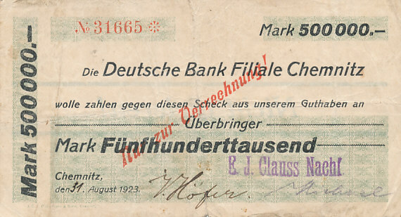 500ooo Mark 1923 Deutsches Reich Sachsen Floha Plaue E J Clauss