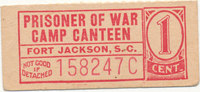 USA 1 Cent Camp Canteen Fort Jackson Kriegsgefangenen Lagergeld, -