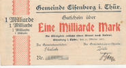 Deutsches Reich,Thüringen 1 Milliarde Mark Saalfeld,Gemeinde, -