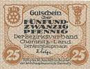 Deutsches Reich,Sachsen, 25 Pfennig 1920 Chemnitz, Amtshauptmannschaft, ... 3.46 £ Tax included +  6.07 £ shipping