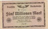 Deutsches Reich,Reichsbahn, 5 Millionen Mark Berlin, Reichsverkehrsminister, Wz. Stern-Sechseck-Muster, Serie: B, -