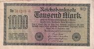 Deutsches Reich, Weimarer Republik, 1000 Mark Ro.75i,DEU-84f,Wz.Mäander KN 6stellig braun, FZ:WD, -