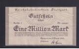 Weimarer Republik, Reichsbahn, Stuttgart, 1 Million Mark Reichsbahndirektion Stuttgart, Wz. Rheinische Wellen, Reihe 1, -
