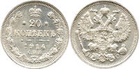 Russland Nicholas II, 1894 - 1917, Sankt Petersburg 20 Kopeken 1914 СПБ ВС stempelglanz- (ST-)